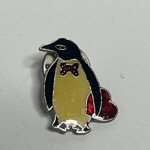 VTG Enamel Penguin Red Glitter Bowtie & Heart Valentine Lapel Hat Vest Bag Pin
